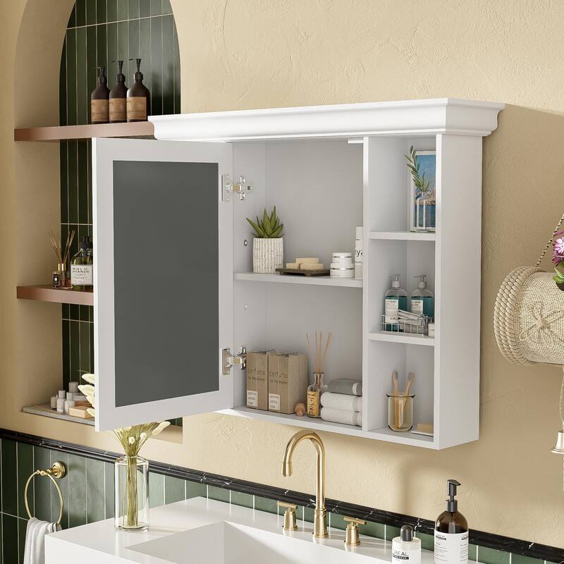 Wall Mounted Bathroom Storage Cabinet, Bathroom Wall Cabinet with Mirror Door, Medicine Cabinet with 6 Open Shelves