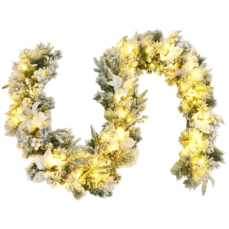 Costway 9ft Pre-lit Snowy Christmas Garland w/ Berries Poinsettia - See Details - White - See Details