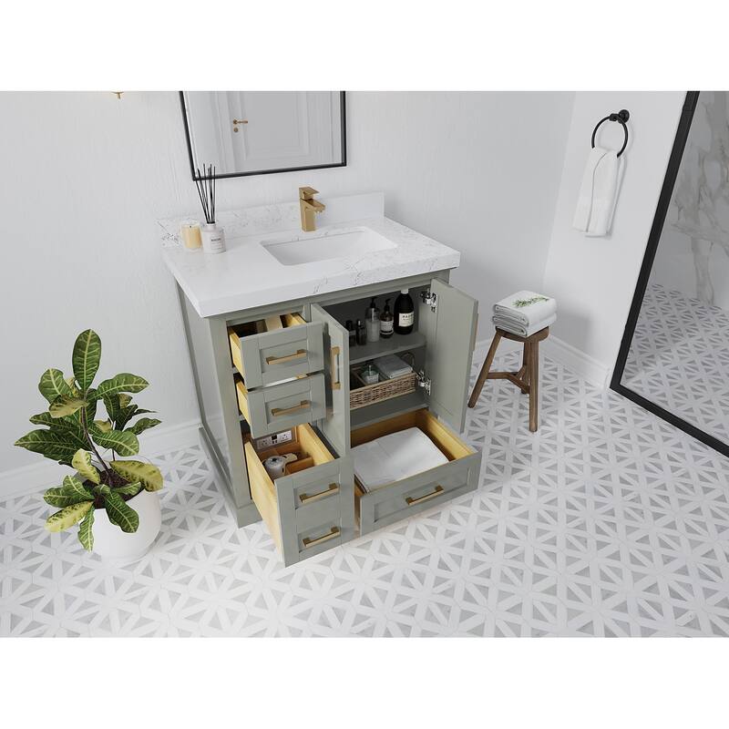 Willow Collections 36 x 22 Boston Right Offset Sink Bathroom Vanity with Quartz or Marble Countertop