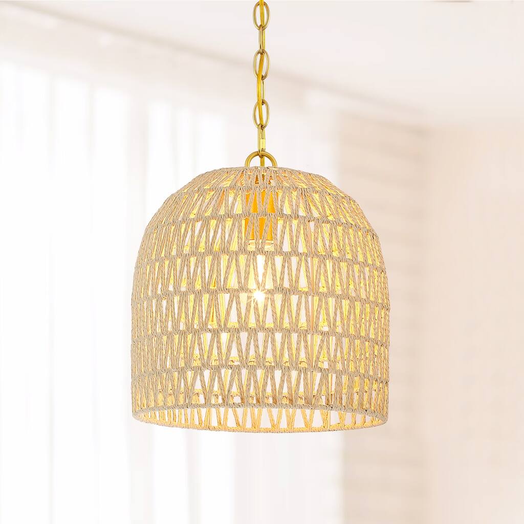 Mabelle 1-Light Gold Bohemian Island Pendant Light with Dome Woven Shade - 12 in. W