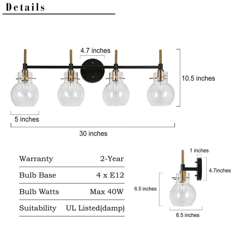 Isha 4-Light Bathroom Black Gold Vanity Lights Modern Wall Sconce with Clear Glass