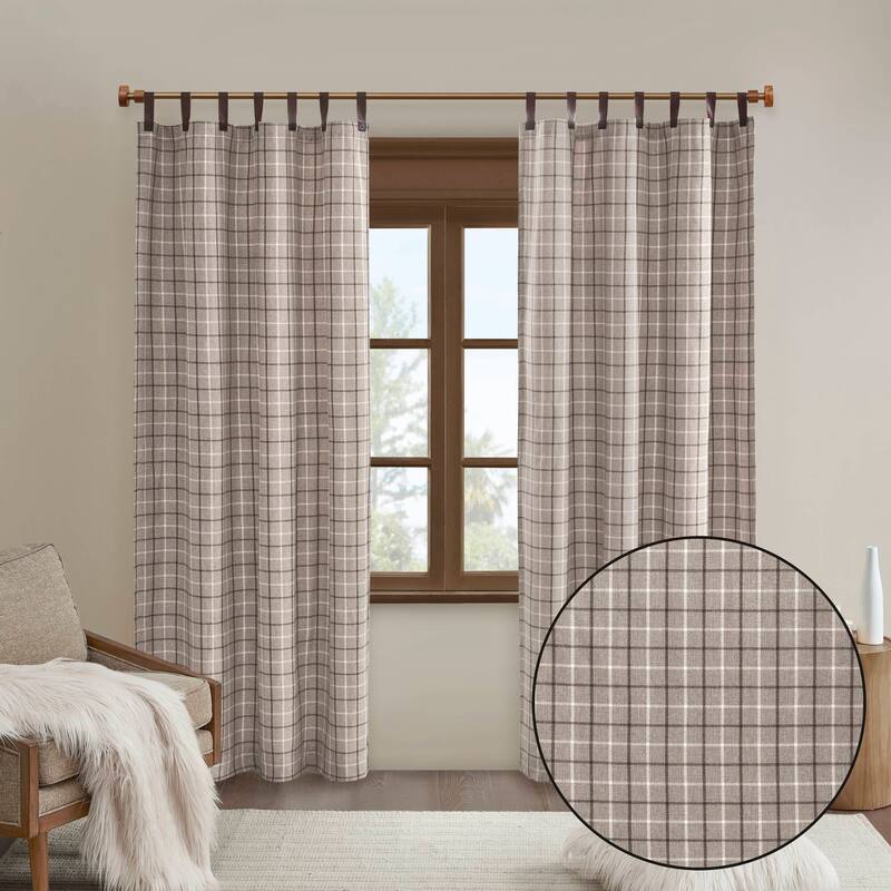 Madison Park Anaheim Plaid Faux Leather Tab Top Single Curtain Panel with Fleece Lining
