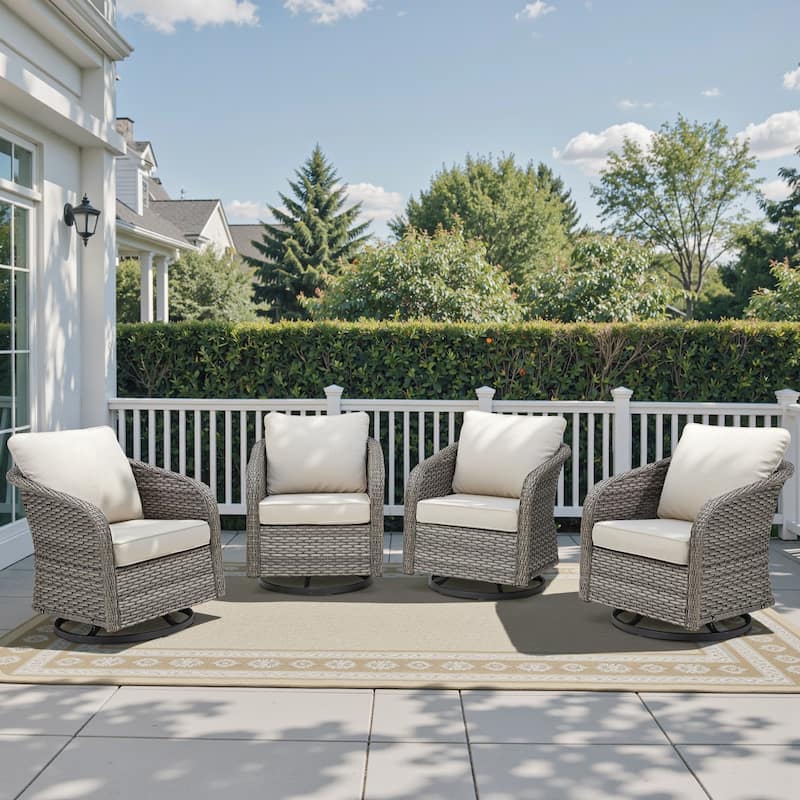 Pocassy Outdoor Patio Furniture Wicker Sofa Chair Set - Light Grey Wicker Beige Cushion - 4 Pieces Swivel Chair