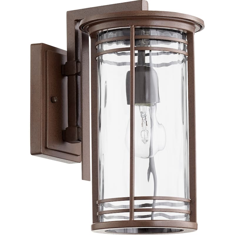 Quorum International Larson Single Light 13-1/2" Tall Outdoor Wall - Oiled Bronze / Clear Hammered Glass