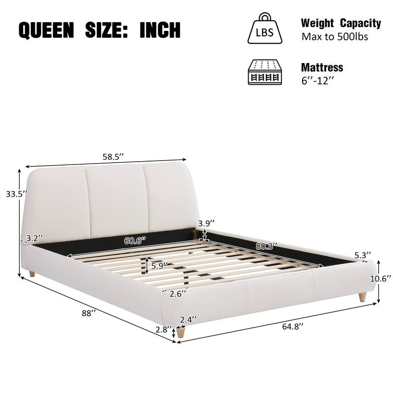 Roomfitters Queen Size Modern Upholstered Platform Bed Frame with Linen Fabric and Solid Wood Legs, White
