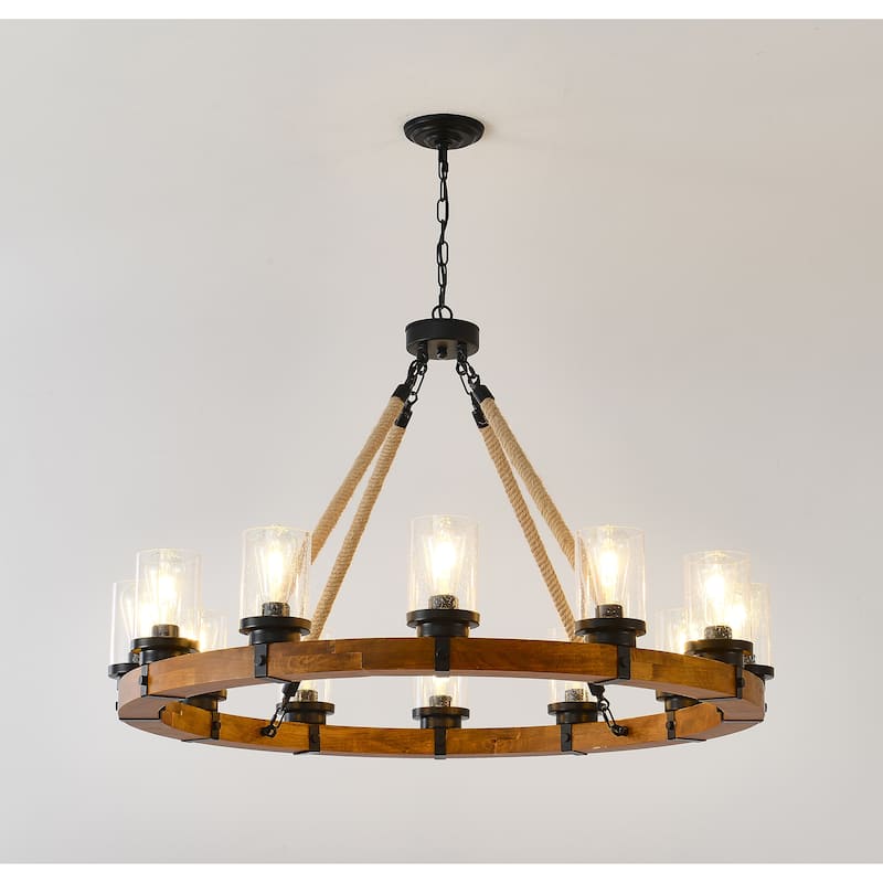 12-Light Rustic Wagon Wheel Chandelier,39Wooden Pendant Light with Seeded Glass Shade,SolidWood Design-NO INCLUDED BULBS