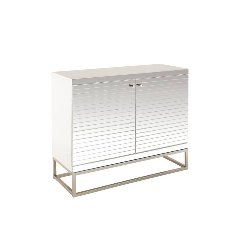 Glass 2 Door Cabinet with Linear Striped Panels and Gray Iron Base - Silver - Roche River Decor - 18"W x 47"L x 38"H