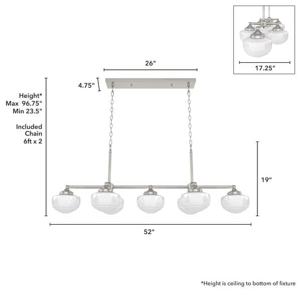 dimension image slide 1 of 5, Hunter Saddle Creek Linear Chandelier, Clear Glass, Dining Room Table, Kitchen Island