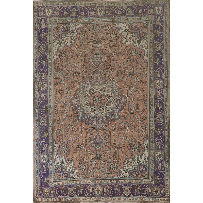 Floral Coral Tabriz Persian Vintage Area Rug Handmade Wool Carpet - 6'9"x 9'10"