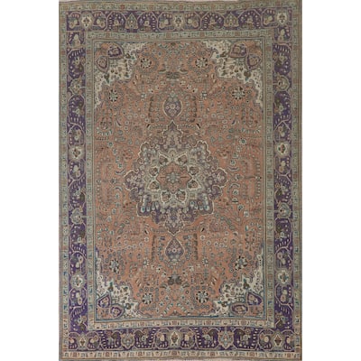 Floral Coral Tabriz Persian Vintage Area Rug Handmade Wool Carpet - 6'9"x 9'10"