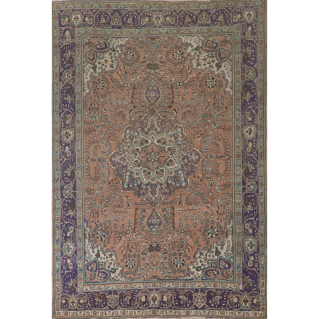 Floral Coral Tabriz Persian Vintage Area Rug Handmade Wool Carpet - 6'9"x 9'10"