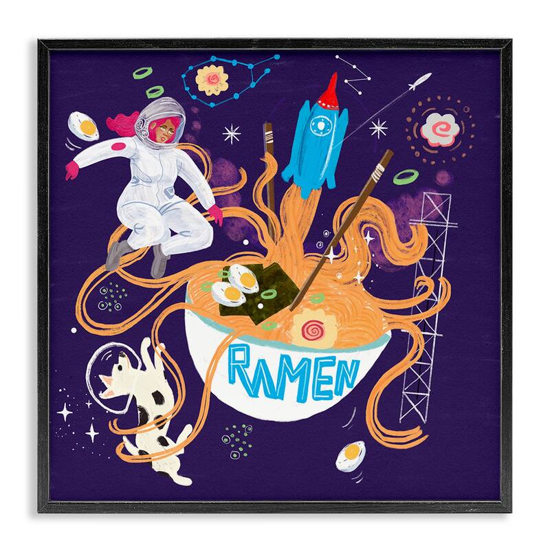 Stupell Whimsical Ramen in Space Framed Giclee Art Design By Juliet Rose Philips - 12 x 12 - Black