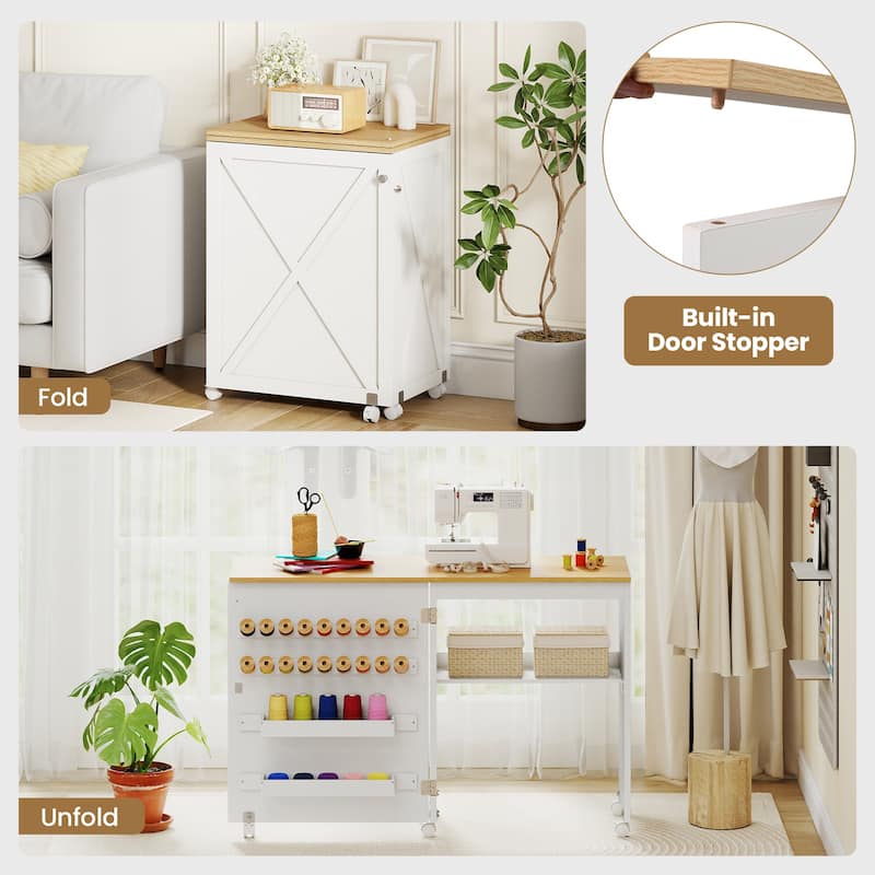 Gymax Folding Sewing Table w/ Compact Design Storage Shelf 2 Trays and