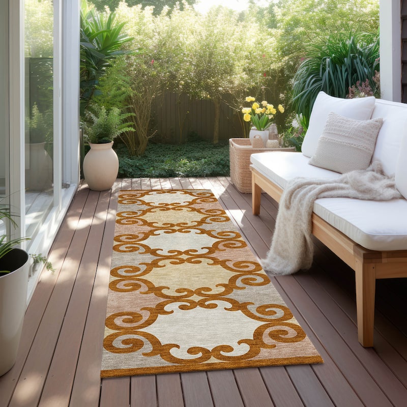 Machine Washable Indoor/ Outdoor Chantille Scroll Rug - Terracotta - 2'3" x 7'6"