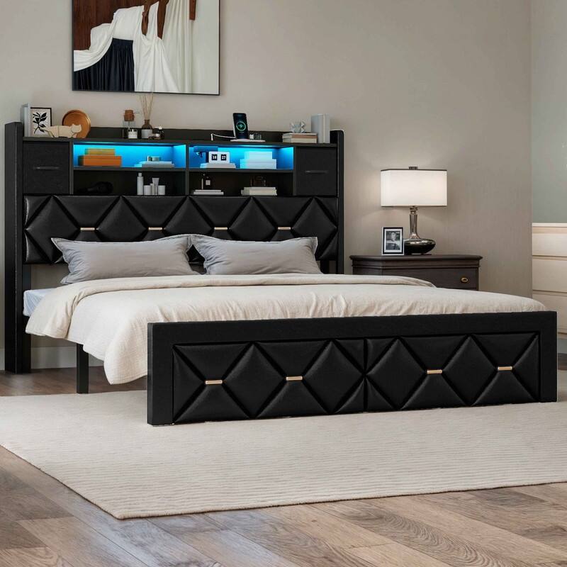 Moasis Upholstered Bed Frame with Storage Headboard And Charging Station and LED Light - Black PU Leather - Queen