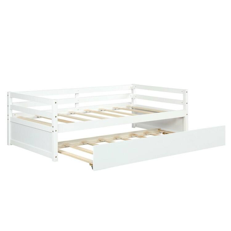 Metal Twin Size Trundle Platform Bed Frame with Wooden Slat Support and Space-Saving Design
