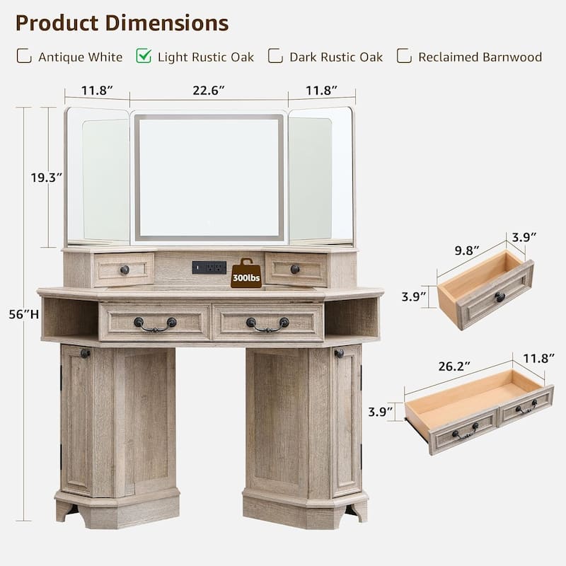 Makeup Vanity Desk with 3 Way Mirror, Glass Top & Charging Station