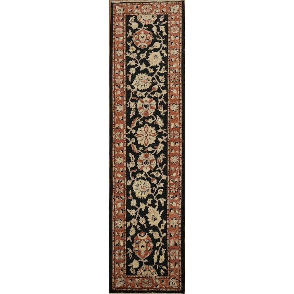 Hand Knotted Oriental 100% Wool Carpet Traditional All-Over Black Ziegler Runner Rug - 10' 0'' X 2' 7''