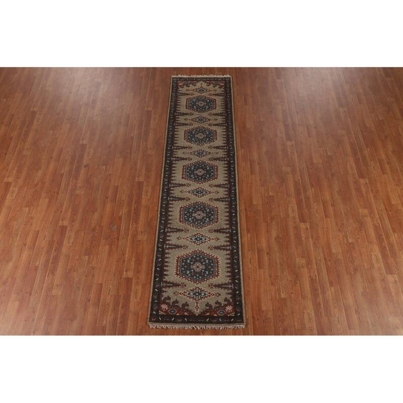 Geometric Viss Indian Runner Rug Handmade Wool Carpet - 2'6"x 9'9"