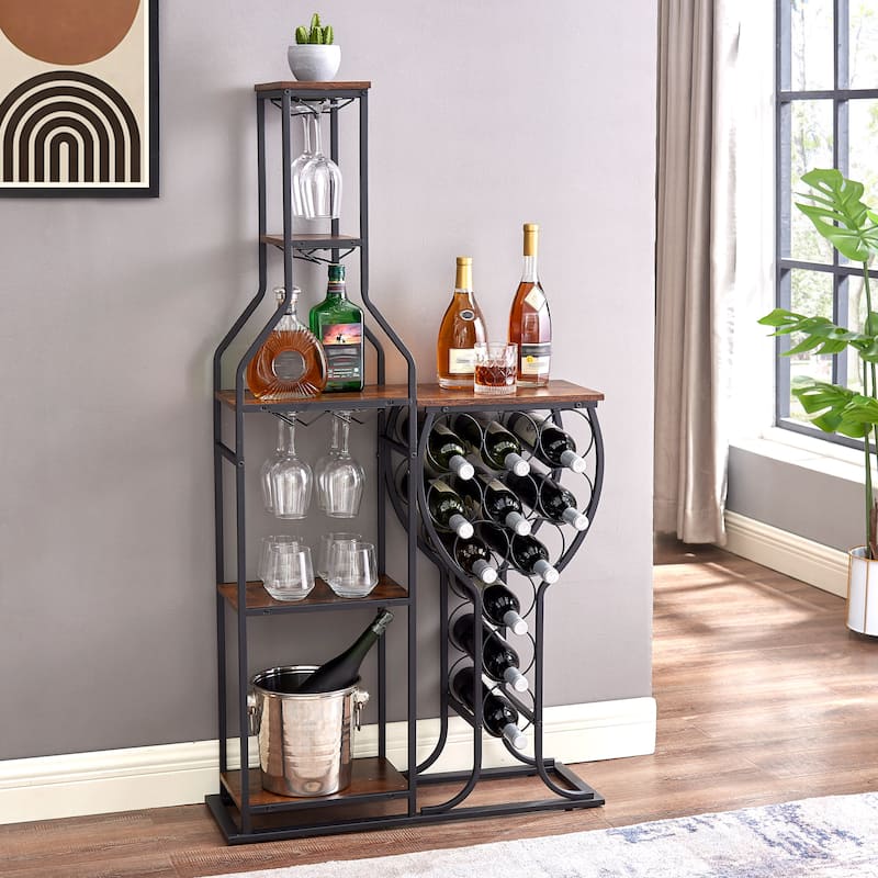 11-Bottle Rustic Brown Wine Rack 5 Tier Freestanding Wine Bakers Rack with Hanging Wine Glass Holder and Storage Shelves