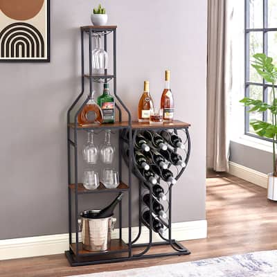 11-Bottle Rustic Brown Wine Rack 5 Tier Freestanding Wine Bakers Rack with Hanging Wine Glass Holder and Storage Shelves