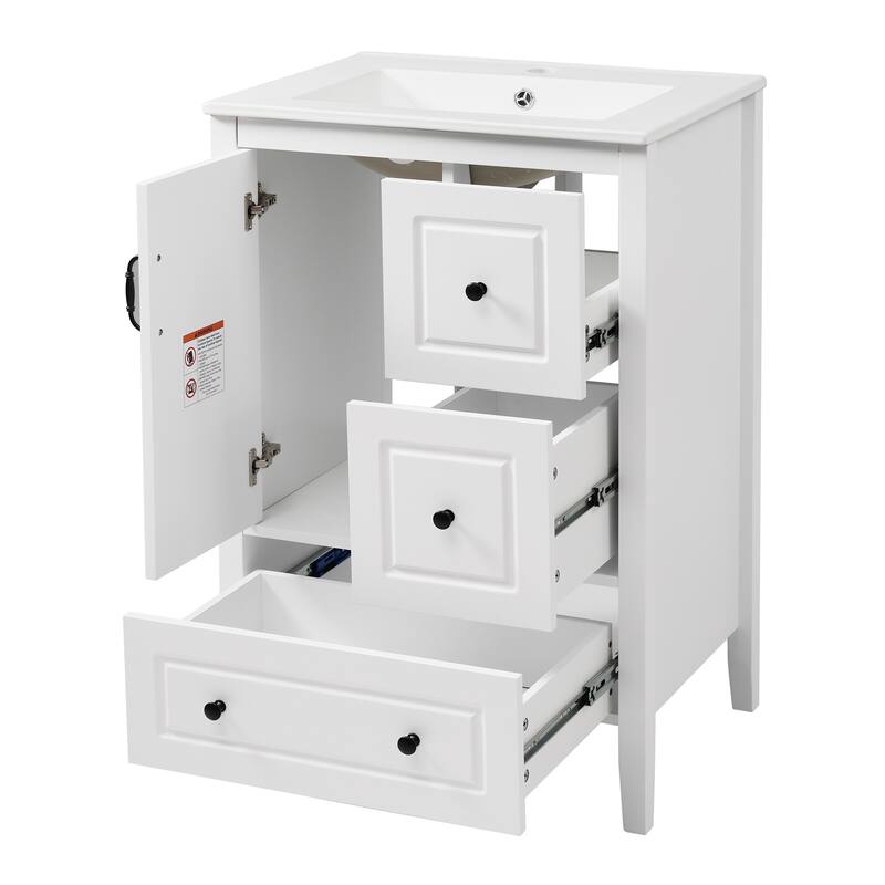 24 inch Bathroom Vanity with Sink, One Cabinet with Soft-closing Door, 3 Soft-closing Drawers, Retro Metal Handles