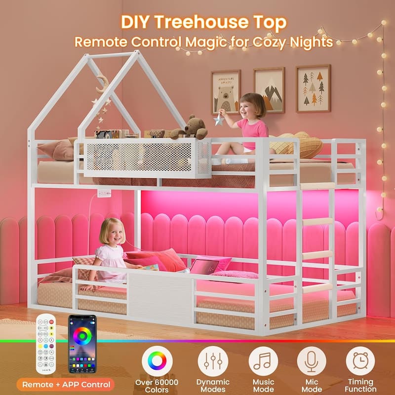 House Low Loft Bed Twin Size Storage Drawers Bookcase LED Lights