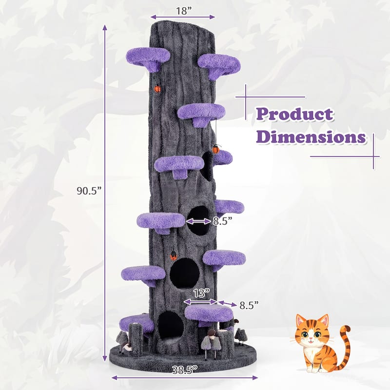 Gymax 90.5'' Multifunctional Cat Tree w/Private Condos Sisal Covered - Gray, Purple