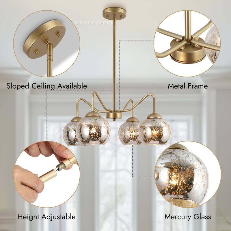Ziv Mid-Century Modern 4-Light Gold Chandelier with Mercury Glass Shades - 20.5" D x 8.5" H