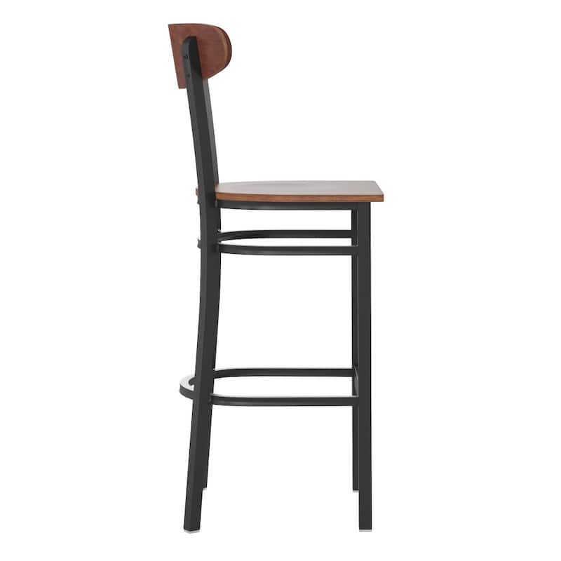 Commercial Metal Barstool with Wood Seat and Boomerang Back