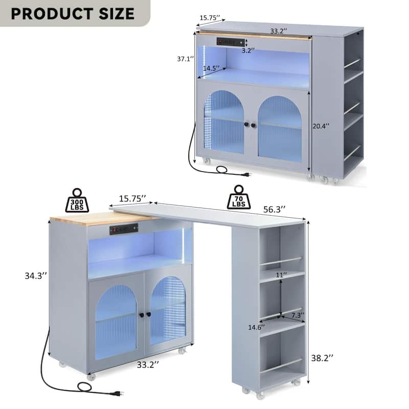 Wooden Kitchen Island with Rollers Storage Cabinet, Side Open Shelves, LED Lights, Power Outlets and 2 Fluted Glass Doors