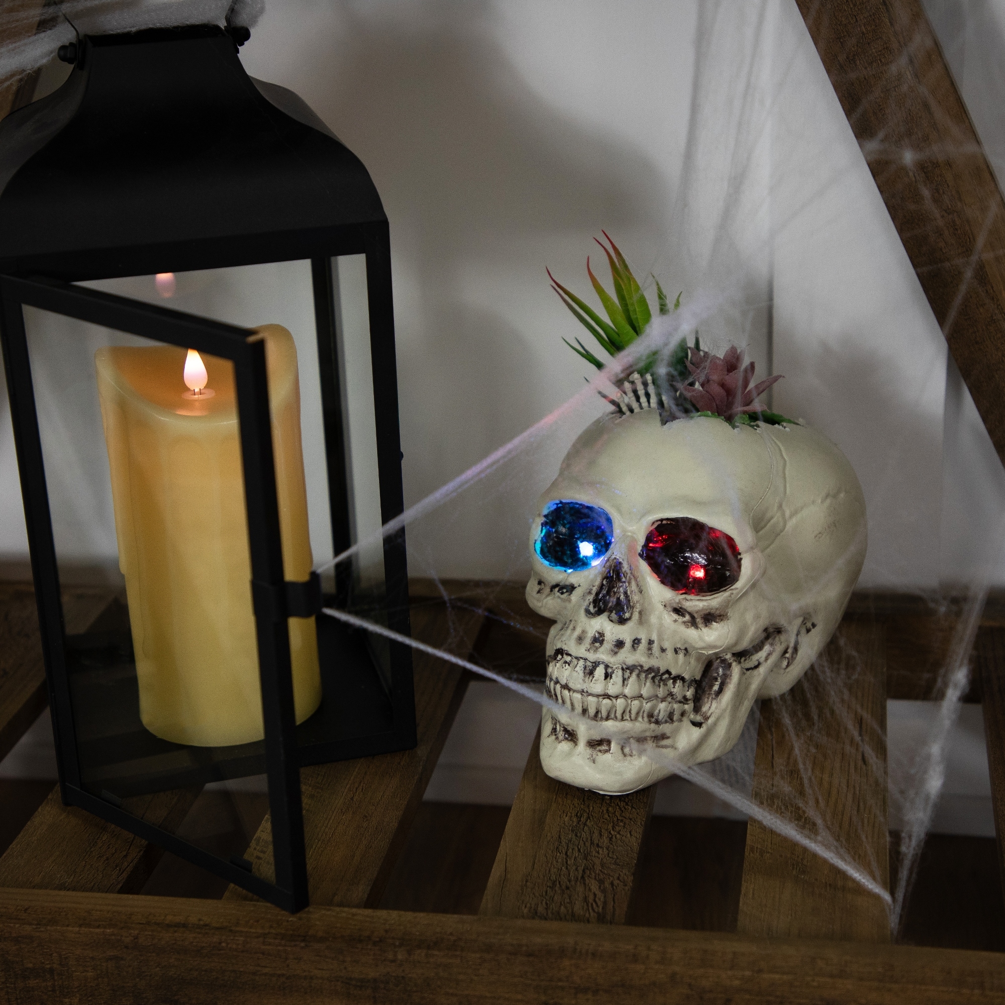 LED Succulent Skull Planter Artificial Halloween Decoration 8.75"