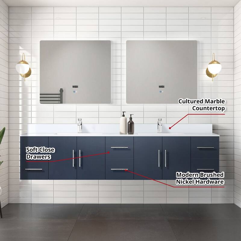 Geneva 84 in. W x 22 in. D Dark Grey Double Bath Vanity, Cultured Marble Top, Faucet Set, and 36 in. LED Mirrors