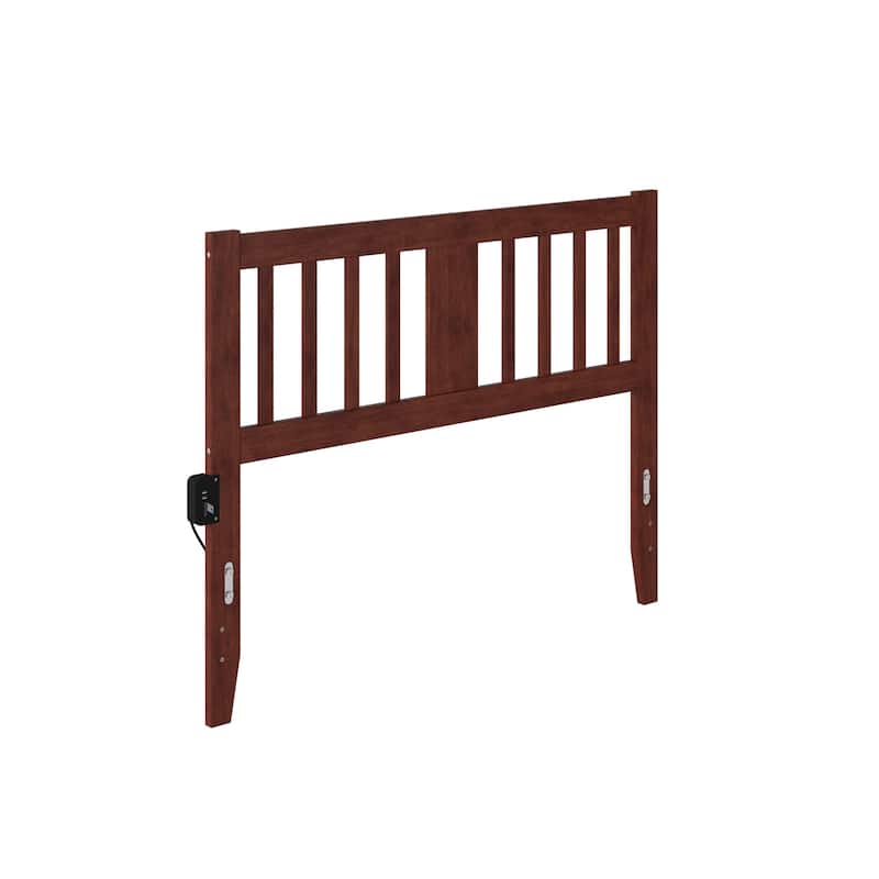 Full Wood Panel Headboard with Built-In USB Turbo Charger in Walnut Finish for Convenient Device Charging