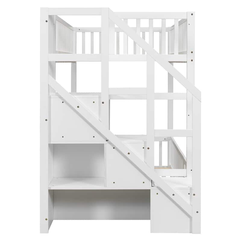 Twin Over Twin Floor Bunk Bed Frame with Storage Stairs and Door
