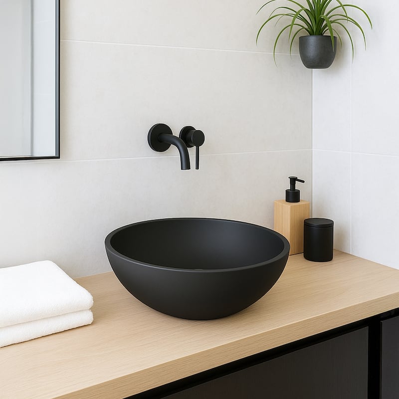 16 inch Veyra Matte Black Solid Surface Round Vessel Sink - Black