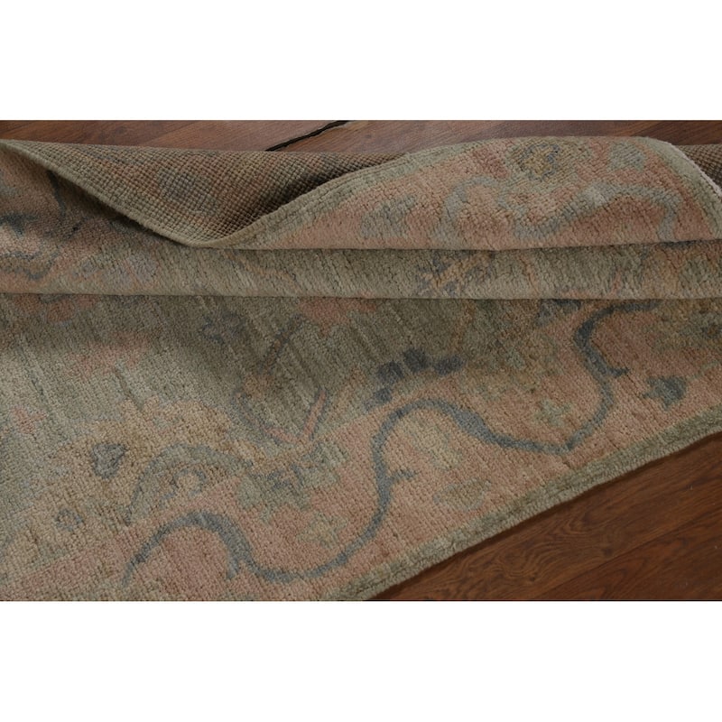 Vegetable Dye Green Oushak Turkish Runner Rug Handmade Wool Carpet - 3'2" x 12'0"