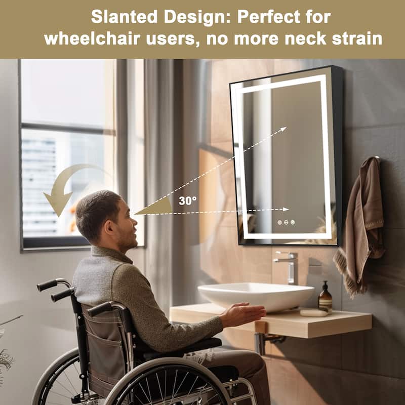 Dimming Front-lit Black Frame Bathroom Vanity Mirror Fixed Tilt Design for Disabled - 23.62x35.43''