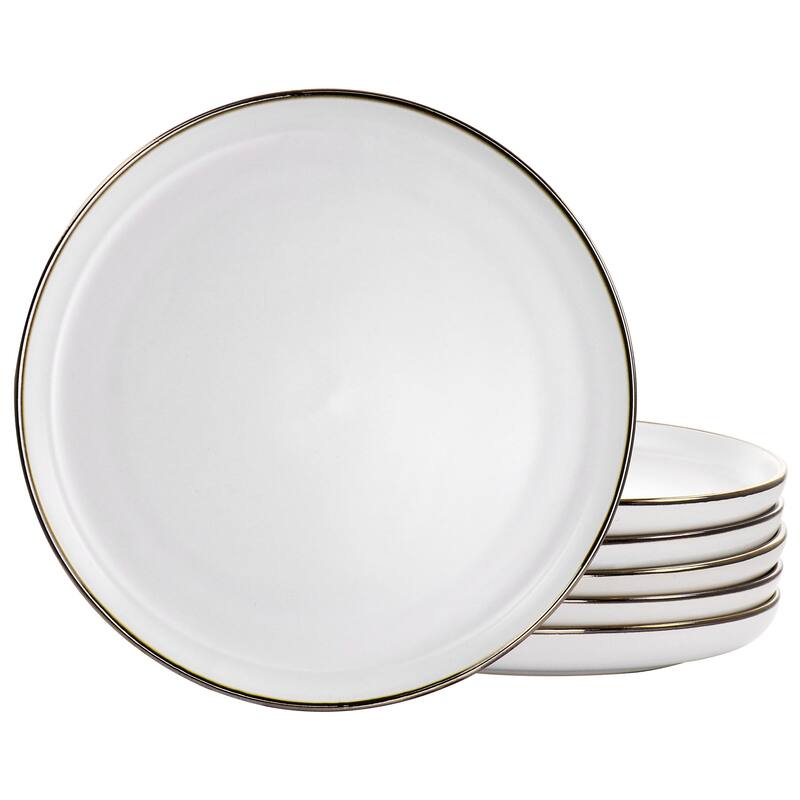 Elama Arthur 6 Piece Stoneware Dinner Plate Set in Matte White with Gold Rim - 10.75 Inches