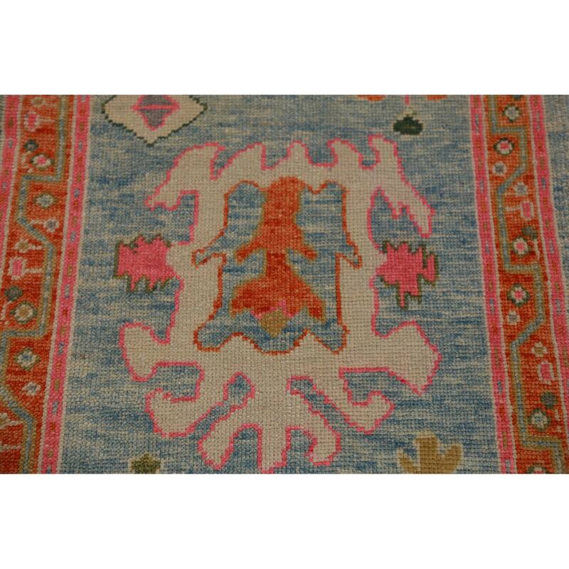 Hand Knotted Oriental 100% Wool Carpet Transitional Floral Navy Blue & Blues Oushak Runner Rug - 12' 8'' X 2' 11''