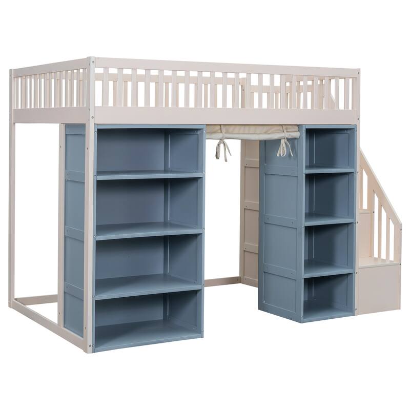 Full Size Loft Bed With 2 Four-Layer Storage Cabinets And Curtain,White+Blue