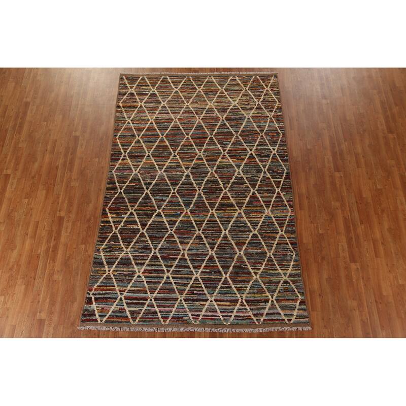Hand Knotted Oriental 100% Wool Carpet Tribal Trellis Multi-Colored Moroccan Area Rug - 9' 10'' X 6' 5''