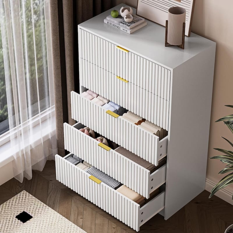 5 Drawer Dresser, 32 Inch Wide Chest with Gold Handles for Bedroom Living Room
