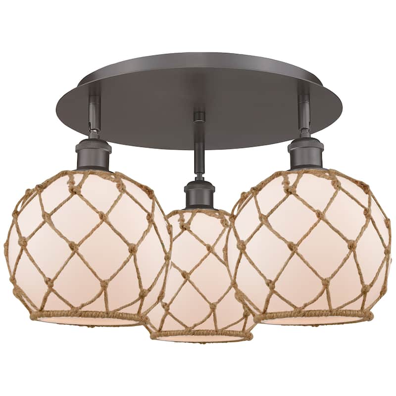 Innovations Lighting 516-3C-12-20 Farmhouse Rope Semi-Flush Farmhouse - Oil Rubbed Bronze / White Glass with Brown Rope