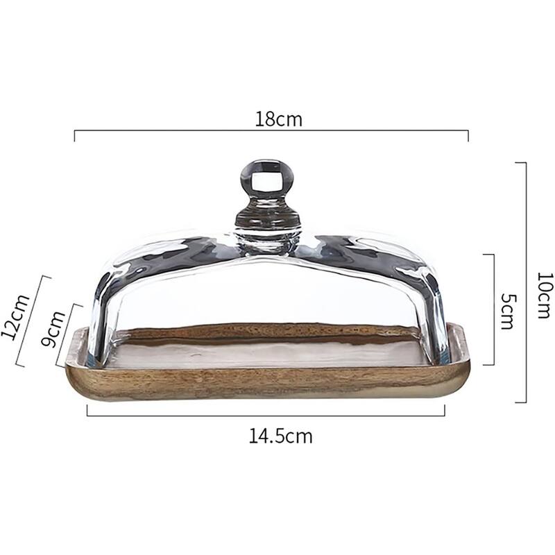 Wooden Butter Dish with Glass Lid, Cheese Rectangle Cake Display Tray - 18x12x10cm