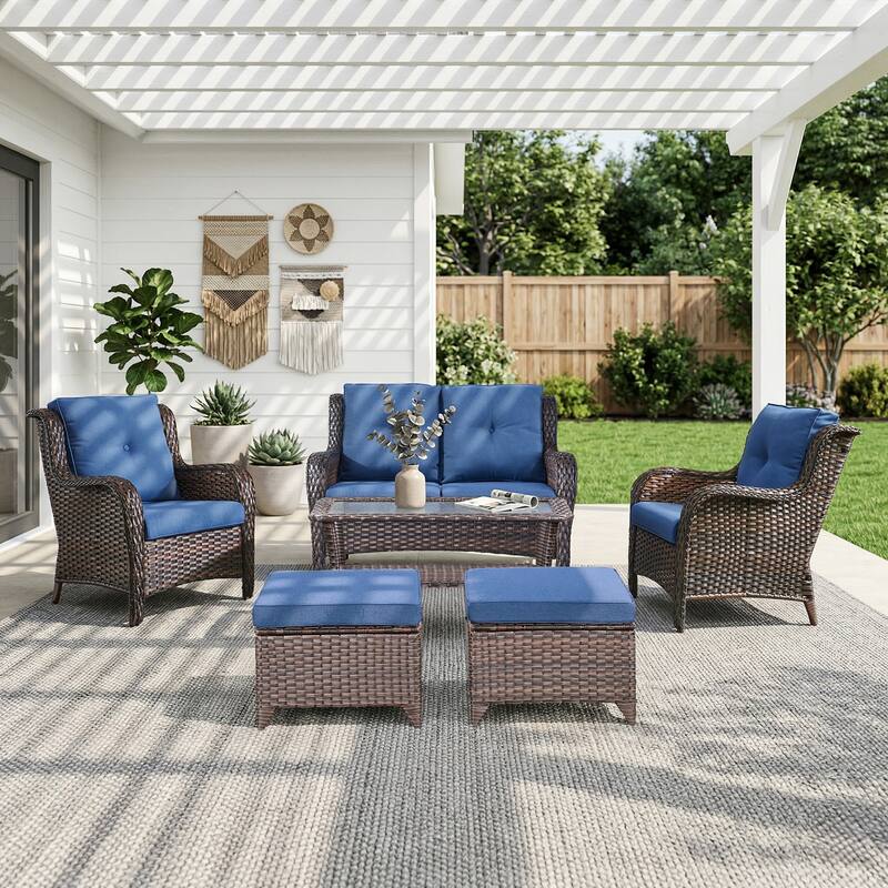 Pocassy Outdoor Patio Wciker Sofa Furniture Set of Chair Table. - Brown Wicker with Blue Cushion - 6-Piece Loveseat Chair Ottoman w/ Coffee Table