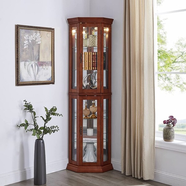 Corner Cabinet with Lights Adjustable Glass Shelves Mirrored Back Display Cabinet Corner Curio Bed Bath Beyond 39007294