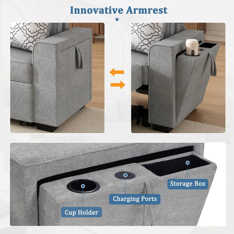L-Shaped Sectional Sofa Convertible Sofa Bed with Dual Pull-Out Sleepers Sofa, Flip-Top Table, USB Ports, Cup Holder and Storage
