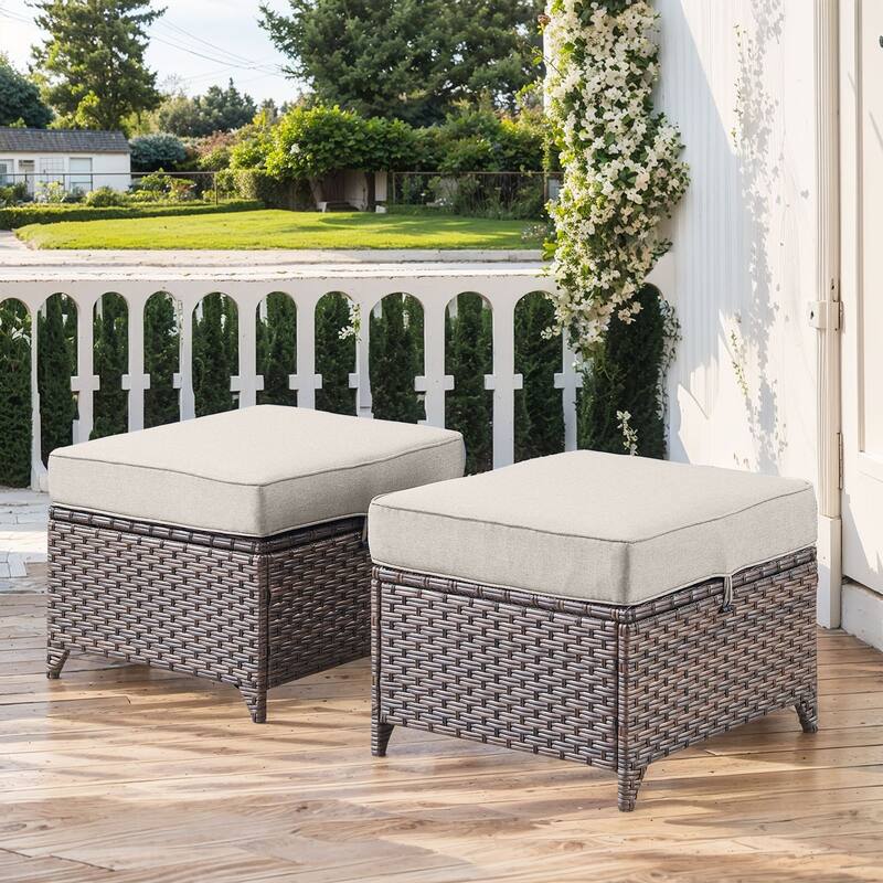 Pocassy All-Weather Rattan Patio Funiture Set - Brown Wicker / Beige Cushion - 2-Piece Ottoman