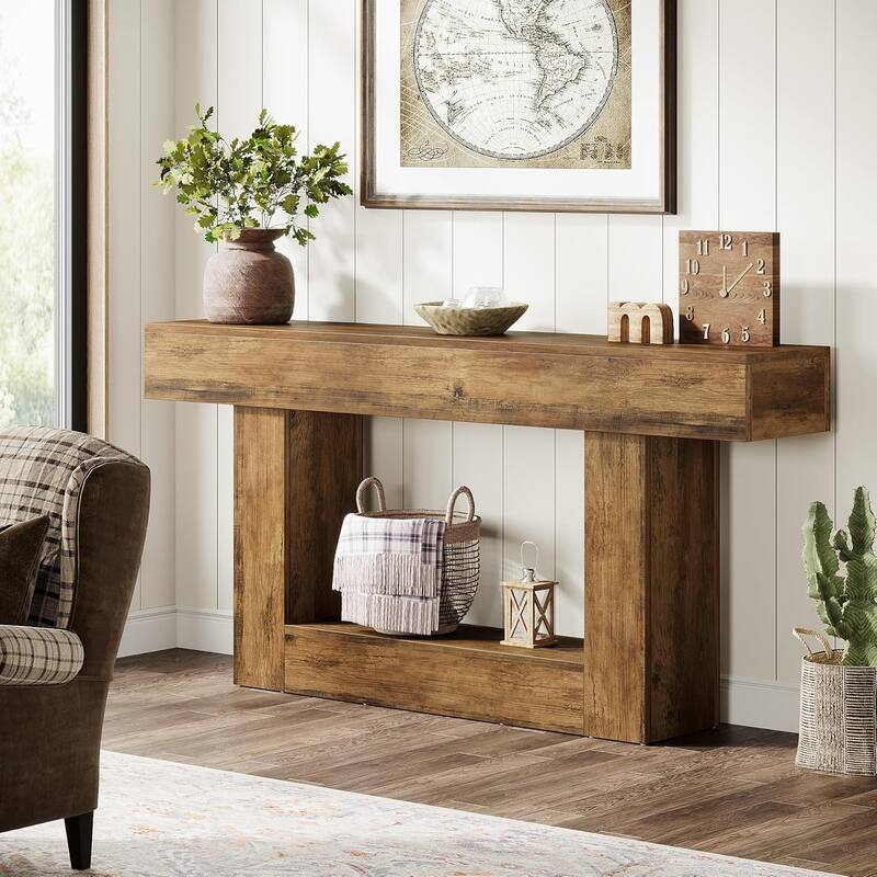 63" Farmhouse 2-Tier Rustic Console Table with Storage Shelf & U-Shaped Gray Base